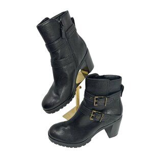 Cole Haan Foster Size 9.5 Leather Double Buckle Block Heel Booties Zip